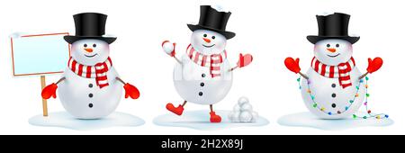 Set vettoriale di carattere snowman con oggetti diversi in varie situazioni. Uomo di neve divertente con bordo di dichiarazione vuoto, un mazzo di palle di neve e luci di Natale, isolato su uno sfondo bianco. Illustrazione Vettoriale