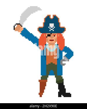 Pirata pixel art. Filibuster 8 bit. Pixelated buccaneer Illustrazione Vettoriale