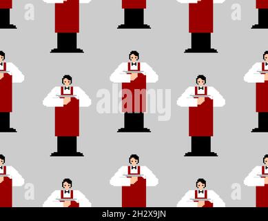 Il cameriere pixel art pattern è perfetto. Il personale del servizio è pixelato sullo sfondo del ristorante. texture a 8 bit Illustrazione Vettoriale