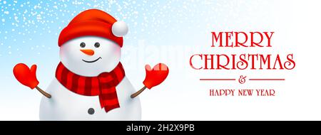 Banner di Natale con felice pupazzo di neve e testo di saluto su sfondo blu nevoso. Sfondo vettoriale orizzontale di Natale e Capodanno, con Babbo Natale. Illustrazione Vettoriale