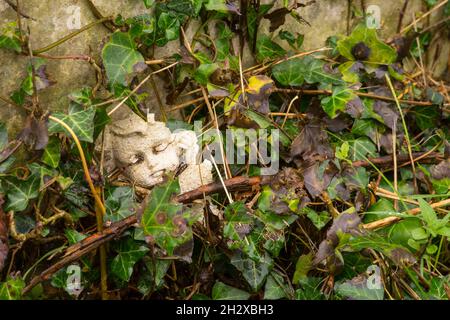 Un intaglio in pietra rotto della faccia di un cherubino parzialmente nascosto in edy su una pietra a Southampton Old Cemetery, Hampshire, Inghilterra. Foto Stock