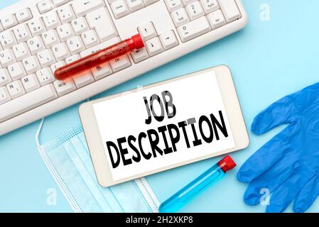 Descrizione del lavoro della didascalia concettuale. Word for a formal account of a employee s is responsabilites typing Medical Notes Scientific Studies and Foto Stock