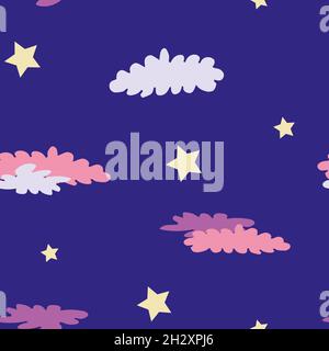 Modello senza cuciture con stelle beige e nuvole rosa. Illustrazione Vettoriale