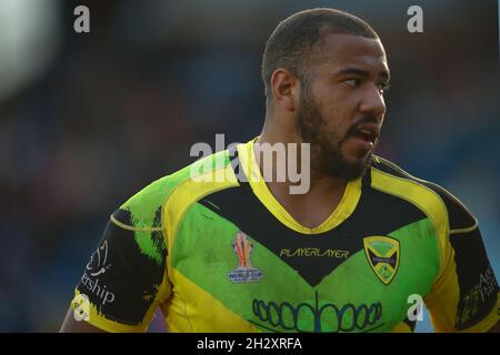 Featherstone, Regno Unito. 24 ottobre 2021. Millennium Stadium, Post Office Road, Featherstone, West Yorkshire, 24 ottobre 2021. Rugby League International Jamaica Rugby League vs Scozia Rugby League Ross Peltier of Jamaica Rugby League. Credit: Touchlinepics/Alamy Live News Foto Stock