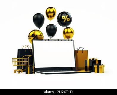 Shopping online laptop mockup schermo vuoto per lo sfondo banner con roba d'oro in realistico 3D rendering. Offerta speciale volantino e Black Friday con Foto Stock