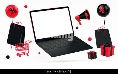 Volantino del Black Friday con mockup mobile per notebook e materiale rosso su sfondo bianco in 3D. Banner dell'offerta speciale e concetto di Black Friday Foto Stock