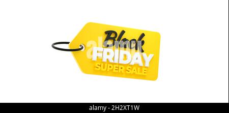 Isolato Black Friday Super Vendita giallo tag in 3D rendering. Modello banner offerta speciale su sfondo bianco Foto Stock
