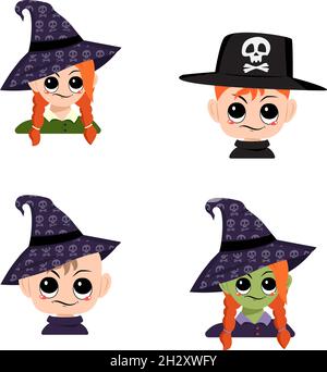 Set di ragazza, ragazzo e bambino con pelle bianca e verde, capelli rossi, occhi grandi ed emozioni sospette in un cappello a strega appuntita. Testa del bambino con il viso infastidito. Decorazione di festa di Halloween Illustrazione Vettoriale