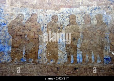 Murales di Afrasiab, dipinti degli ambasciatori, Museo di Afrasiab, Afrosiyob-Samarqand shahar tarixi muzeyi, Samarcanda, Uzbekistan, Asia Centrale Foto Stock