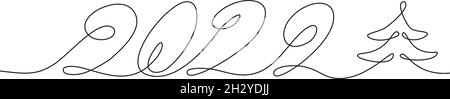 2022 una linea continua disegno arte simbolo del nuovo anno albero di Natale semplice numero disegnato a mano, illustrazione vettoriale modificabile Illustrazione Vettoriale