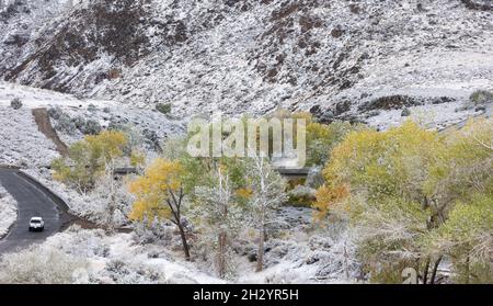 Auto che guida su una strada tortuosa attraverso neve fresca tra i colori autunnali Foto Stock