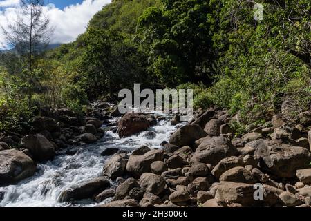 Vista panoramica sul fiume Iao, West Maui Mountains, Hawaii Foto Stock