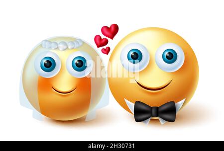 Coppia di matrimonio Smileys disegno vettoriale. 3d emoji sposa e sposo amanti concetto in giallo inlove volti personaggi per sposi e sposi emoji. Illustrazione Vettoriale