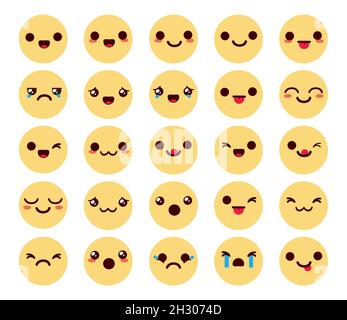 Set vettoriale di caratteri chibi Smileys. Collezione emoticon kawaii emojis in volti gialli con reazioni simpatiche e simpatiche per la collezione emoticon chibis. Illustrazione Vettoriale