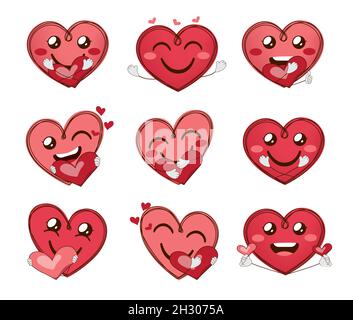 Set di vettori emoji Care Smileys. Emoticon valentine personaggi del cuore con espressioni facciali inlove e gesti delle mani di cura per il carattere del viso del cuore. Illustrazione Vettoriale