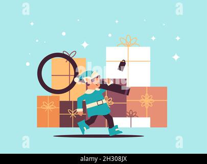 elf tenendo lente d'ingrandimento santa helper preparare per capodanno e natale festa celebrazione intera lunghezza orizzontale vettore illustrazione Illustrazione Vettoriale