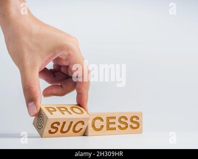 Processo per il concetto di successo. Mano che gira il blocco di cubo di legno per cambiare le parole, da processo a successo con il simbolo dell'icona di gestione sul backgrou bianco Foto Stock