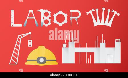 Elementi decorativi del Labor Day per banner, poster, copertina, pubblicità, sito web. Illustrazione vettoriale in carta tagliata e stile artigianale su sfondo rosso Illustrazione Vettoriale