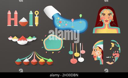 Happy Holi, Festival dei colori. Elementi del bundle per decorazione, modello, banner, poster, biglietto d'auguri. Illustrazione vettoriale in carta tagliata e c Illustrazione Vettoriale