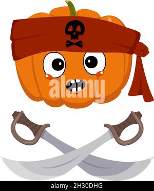 Carino personaggio di zucca con emozioni panico, volto sorpreso, occhi scioccati in bandana con cranio e sciabole incrociate. Decorazione di festa di Halloween. Ero vegetale malizioso Illustrazione Vettoriale