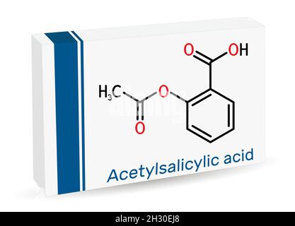 Acido acetilsalicilico, aspirina, molecola ASA. È salicilato, analgesico e antipiretico farmaco. Formula chimica scheletrica. Confezione in carta per dr Illustrazione Vettoriale