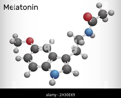 Molecola di melatonina, ormone che regola il sonno e la veglia. Modello di molecola. Illustrazione vettoriale Illustrazione Vettoriale