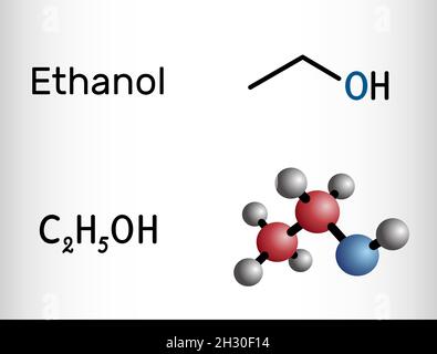Etanolo, molecola C2H5OH. È un alcool primario, un alcool alchilico. Formula chimica strutturale e modello molecolare. Illustrazione vettoriale Illustrazione Vettoriale