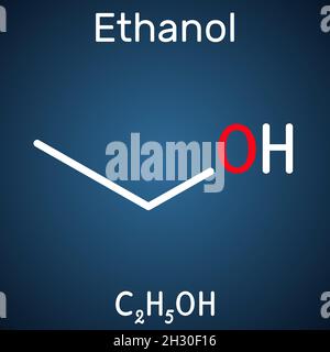 Etanolo, molecola C2H5OH. È un alcool primario, un alcool alchilico. Formula chimica strutturale su sfondo blu scuro. Illustrazione vettoriale Illustrazione Vettoriale