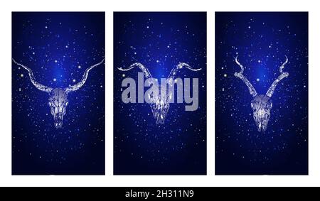 Set vettoriale di tre illustrazioni con silhouette teschi antilopi e capra su sfondo blu stellato cielo. Di colore blu. Per voi disegno, stampa, tatt Illustrazione Vettoriale