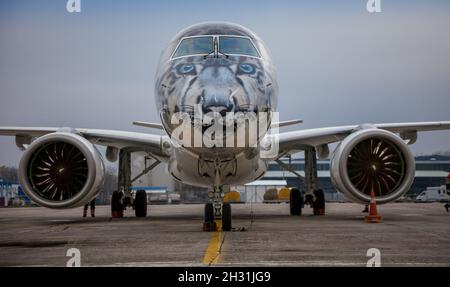 Kiev, Ucraina - 14 novembre 2019: Aereo Embraer-190-E2 nella livrea del leopardo della neve. Airbrushing sul cockpit, livrea - colorazione con l'aereo P4-KHA. Air Astana Kazakhstan. Vola in aeroporto Foto Stock