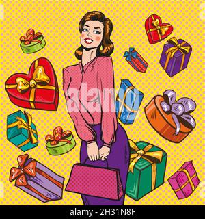 Illustrazione vettoriale di donna e confezioni regalo, stile pop art Illustrazione Vettoriale