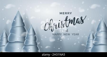 buon natale e buon anno con alberi di natale e neve Illustrazione Vettoriale