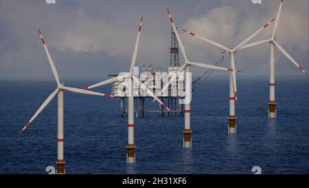 Parco eolico offshore a un bellissimo e spettacolare tramonto Foto Stock