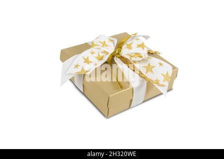 Scatola regalo di Natale in oro elegante e di lusso. Foto Stock