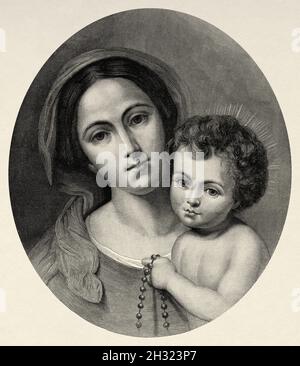 La Vergine Maria con il bambino Gesù in grembo, dipinta da Bartolomé Esteban Murillo (1618-1682), è stata una pittore barocco spagnolo. Antica illustrazione del 19 ° secolo inciso da la Ilustración Artística 1882 Foto Stock