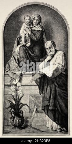 La Santa famiglia. Gesù Bambino sul grembo della Vergine Maria accompagnato da San Giovanni Battista, dipinto da Franz Defregger. Franz von Defregger (1835-1921) è stato un artista austriaco noto per la produzione di dipinti di genere artistico e storico. Antica illustrazione del 19 ° secolo inciso da la Ilustración Artística 1882 Foto Stock