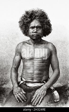 Indigeni australiani. Queensland, Australia. Illustrazione del vecchio 19 ° secolo inciso, viaggio verso l'Australia nord-orientale di Carl Lumholtz 1880-1884 da le Tour du Monde 1889 Foto Stock