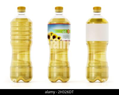 Bottiglie di olio di girasole isolate su sfondo bianco. Illustrazione 3D. Foto Stock