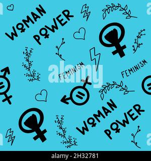 Il modello senza cuciture spandiera segni di femminismo, diritti delle donne. Grunge icone vettoriali disegnate a mano di simboli di protesta del Feminismo Un rally per combattere per il voto Illustrazione Vettoriale
