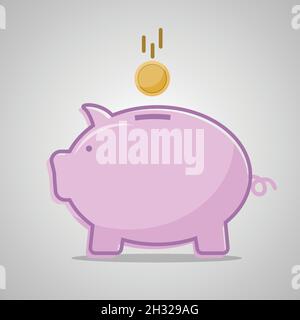 Piggy banca con moneta in design piatto Illustrazione Vettoriale