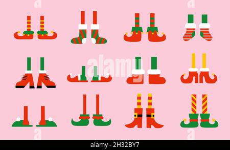 Scarpe e stivali per piedi elfi. Babbo Natale aiutanti. Collezione vettoriale di carino cartoon Natale elfo piedi e gambe. Illustrazioni isolate Illustrazione Vettoriale