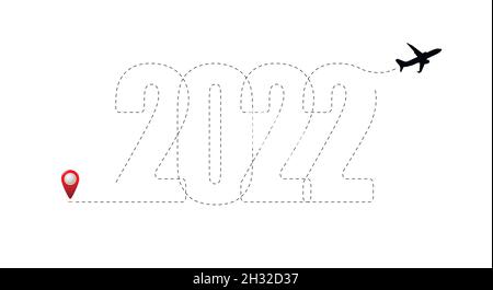 Buon Natale e felice anno nuovo concetto, destinazione con 2022 itinerario. Logo viaggio di Capodanno. Illustrazione vettoriale piatta Illustrazione Vettoriale