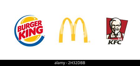 McDonalds, KFC, Burger King. Icona Cafe. Logo McDonalds. Simbolo KFC. Icona vettore Burger King. Illustrazione Vettoriale