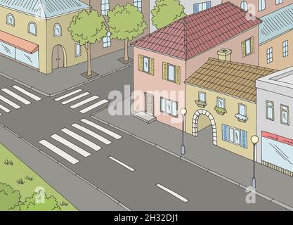 Vista aerea della strada cittadina dall'alto vettore grafico a colori dello schizzo incrociato Illustrazione Vettoriale