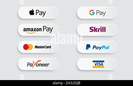 Google pay, App Store app pay, - popolare logotipo di pagamento realistico. Icona di pagamento impostata. Illustrazione vettoriale editoriale. Illustrazione Vettoriale