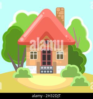 Piccola casa di campagna con pareti arancioni e tetti rossi. Divertente stile cartoon. Paese suburbano villaggio. Architettura tradizionale semplice. Illustrazione di Illustrazione Vettoriale