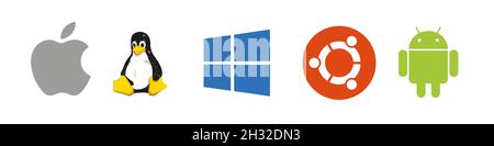 Set logo nero OS : Windows, Mac OS, Android, Apple IOS, Linux. Logo Modile desktop su sfondo trasportabile per il vostro design. Illustrazione Vettoriale