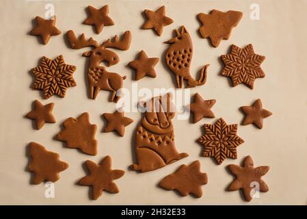 Modello di biscotti di pan di zenzero di Natale sotto forma di animali, alberi, fiocchi di neve Foto Stock