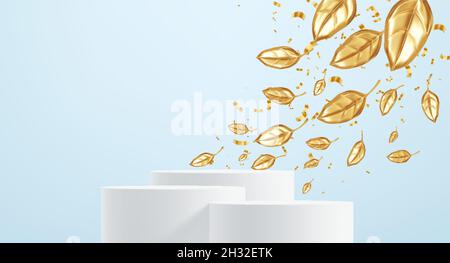 Scena per un prodotto commerciale con foglie d'oro autunnali. Podio del prodotto Design 3D moderno e realistico. Lo sfondo della vendita autunnale. Illustrazione vettoriale Illustrazione Vettoriale
