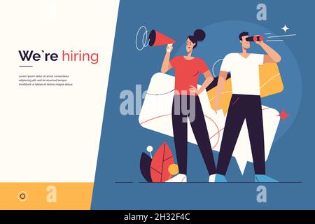 Illustrazione vettoriale sul tema dell'assunzione, del reclutamento di nuovi dipendenti, dell'annuncio e della promozione. Tratto modificabile Illustrazione Vettoriale